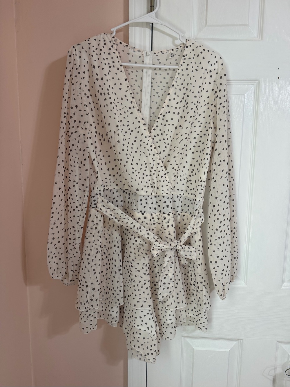 Ivory Polka Dot Wrap Romper with Tie Waist